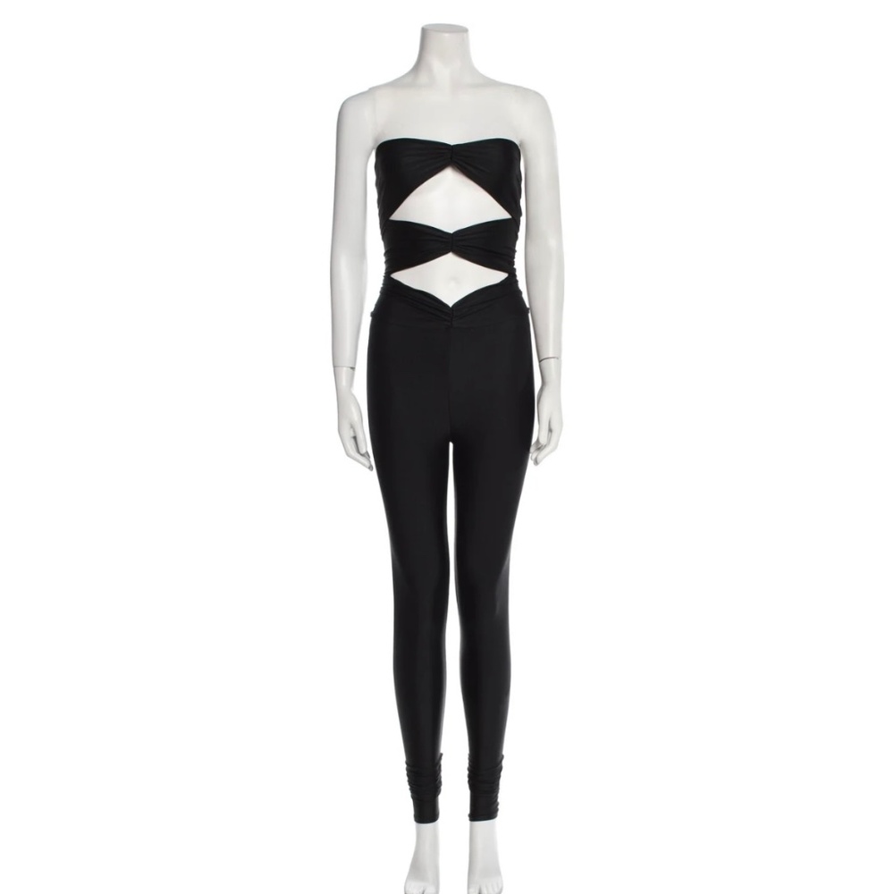 Ronny Kobo black strapless nylon catsuit with charms